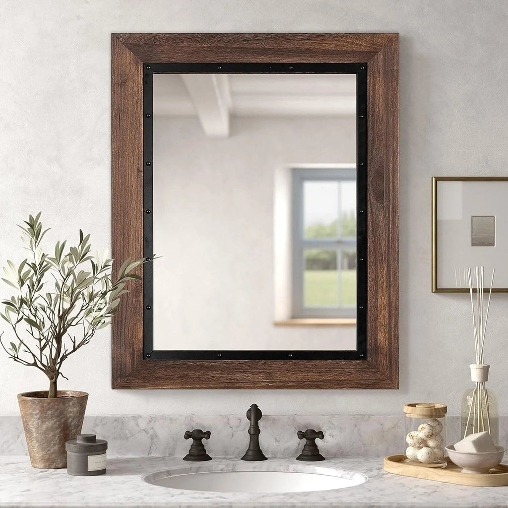 Solid Wood And Iron Framed Wall Mirror - 26 in x 18 in, 32 in x 24 in, 40 in x 26 in, 48 in x 30 in, 53 in x 28 in