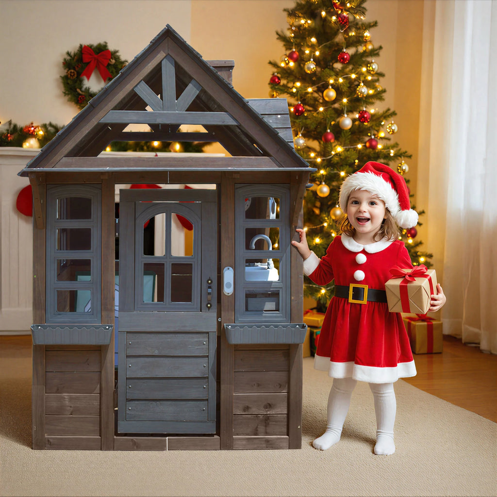 COCLUB Wooden Outdoor Playhouse With Doorbell, Phone And Kitchen Toys, 45in L x 43in W x 65in H