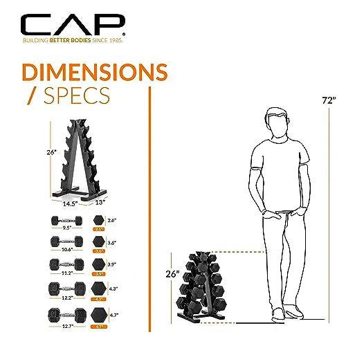 CAP Barbell 150 LB Coated Hex Dumbbell Weight Set With Vertical Rack - Black