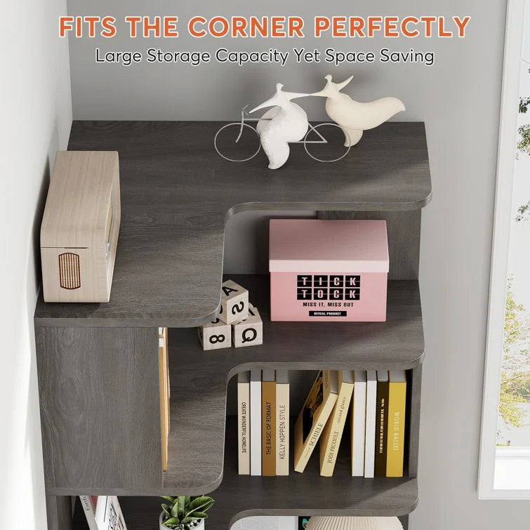 6-Tier Corner Bookshelf, 64.9 Inch Tall, Freestanding Wood Industrial Bookcase