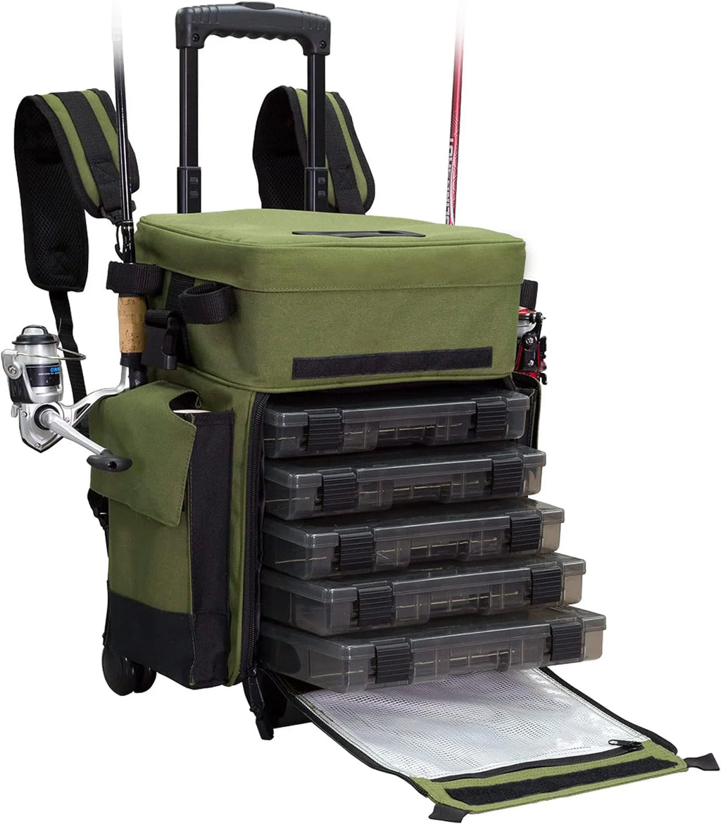 Elkton Outdoors Waterproof Rolling Tackle Box Backpack With 5 Tackle Trays And 4 Rod Holders