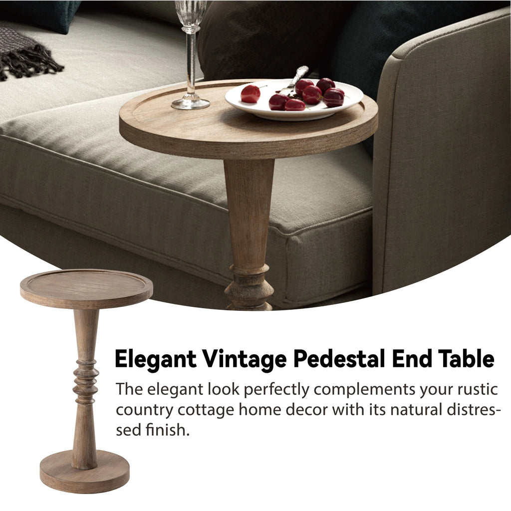 Pedestal End Table With Round Tray Top And Distressed Finish