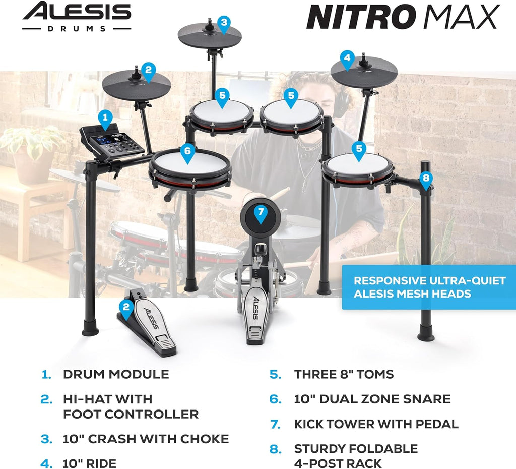 Alesis 8-Piece Electronic Drum Set With Mesh Pads And Bluetooth - Nitro Max