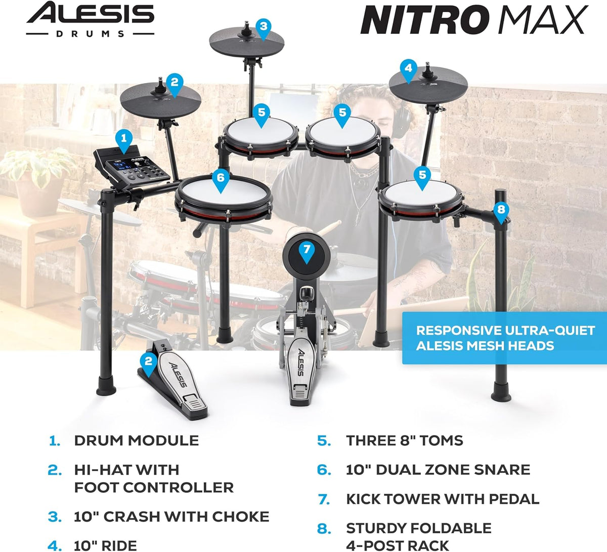 Alesis 8-Piece Electronic Drum Set With Mesh Pads And Bluetooth - Nitro Max