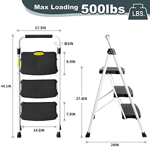 SocTone 3 Step Folding Step Ladder With Handle - 500 lb Capacity