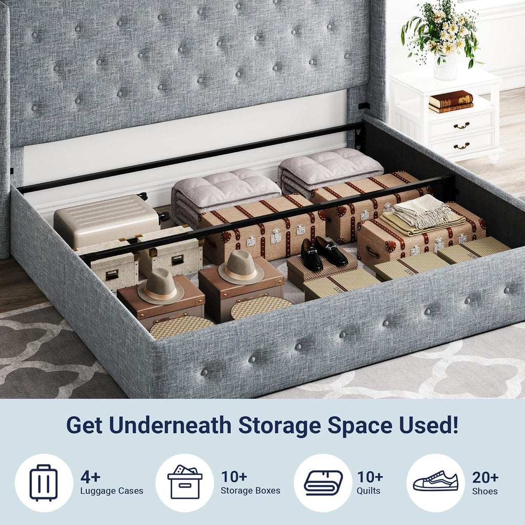 Queen Size Lift-Up Storage Bed With Wingback Headboard, Upholstered Platform Bed Frame With Hidden Storage