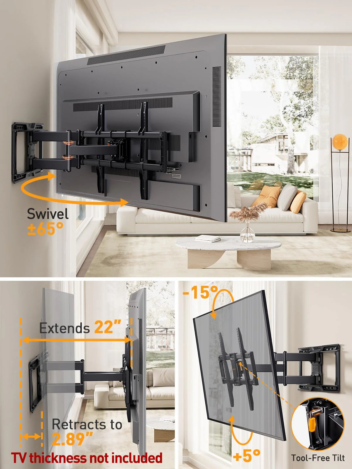 Full Motion TV Wall Mount for 42-90 in TVs - Adjustable Swivel and Tilt Bracket