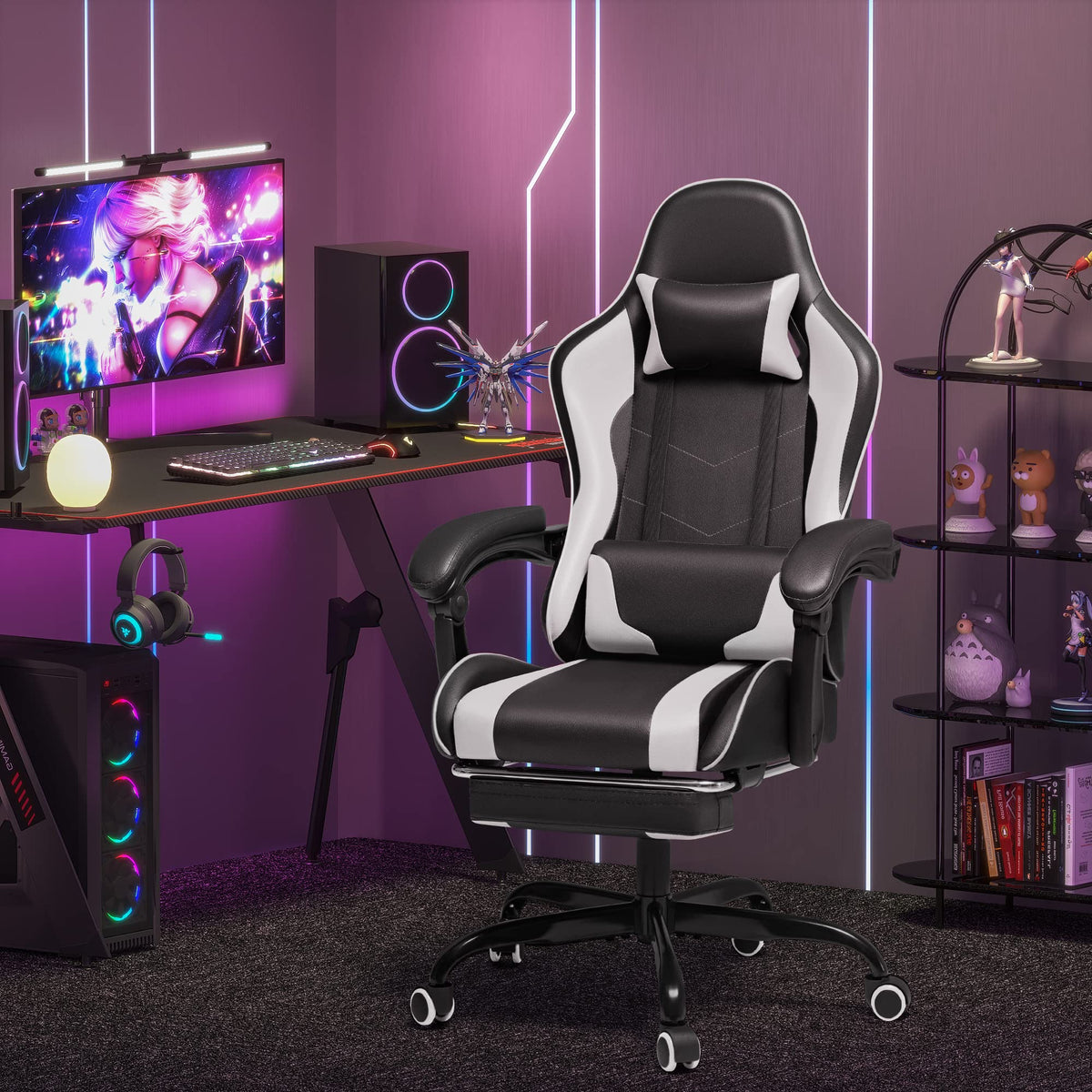 Ergonomic Gaming Chair With Footrest, Massage Lumbar Support, Reclining Backrest And PU Leather