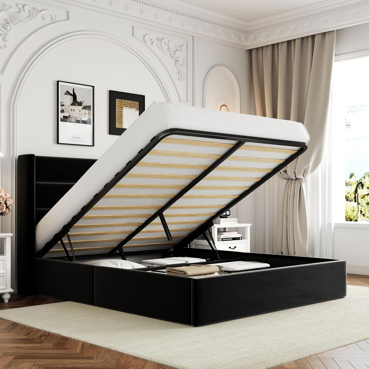 Queen Size Lift-Up Storage Bed With Wingback Headboard, Upholstered Platform Bed Frame With Hidden Storage