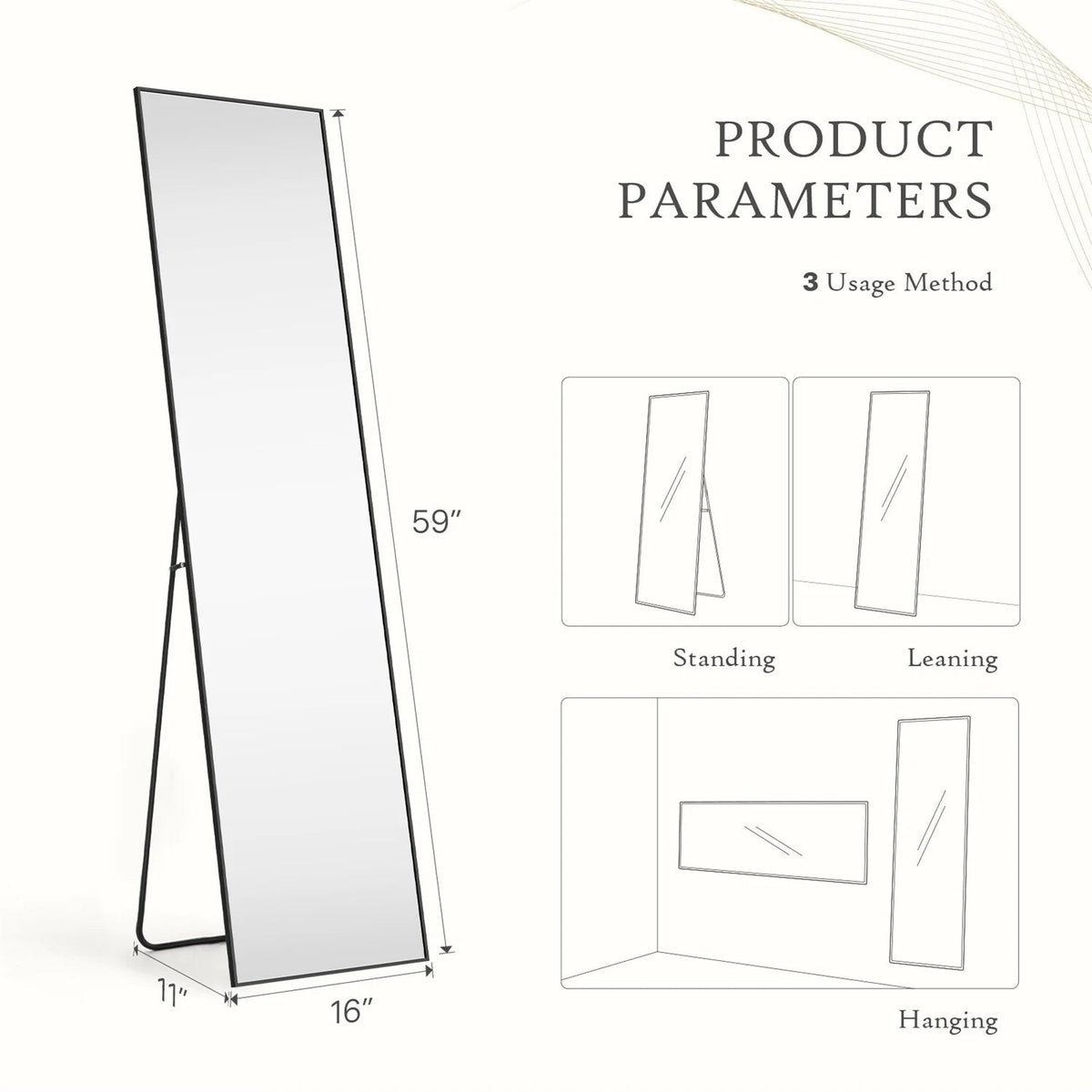 Full-Length Floor Mirror With Stand, Aluminum Alloy Frame - 71x30