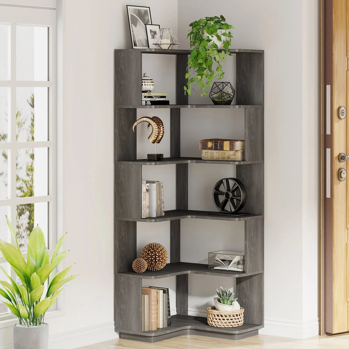 6-Tier Corner Bookshelf, 64.9 Inch Tall, Freestanding Wood Industrial Bookcase
