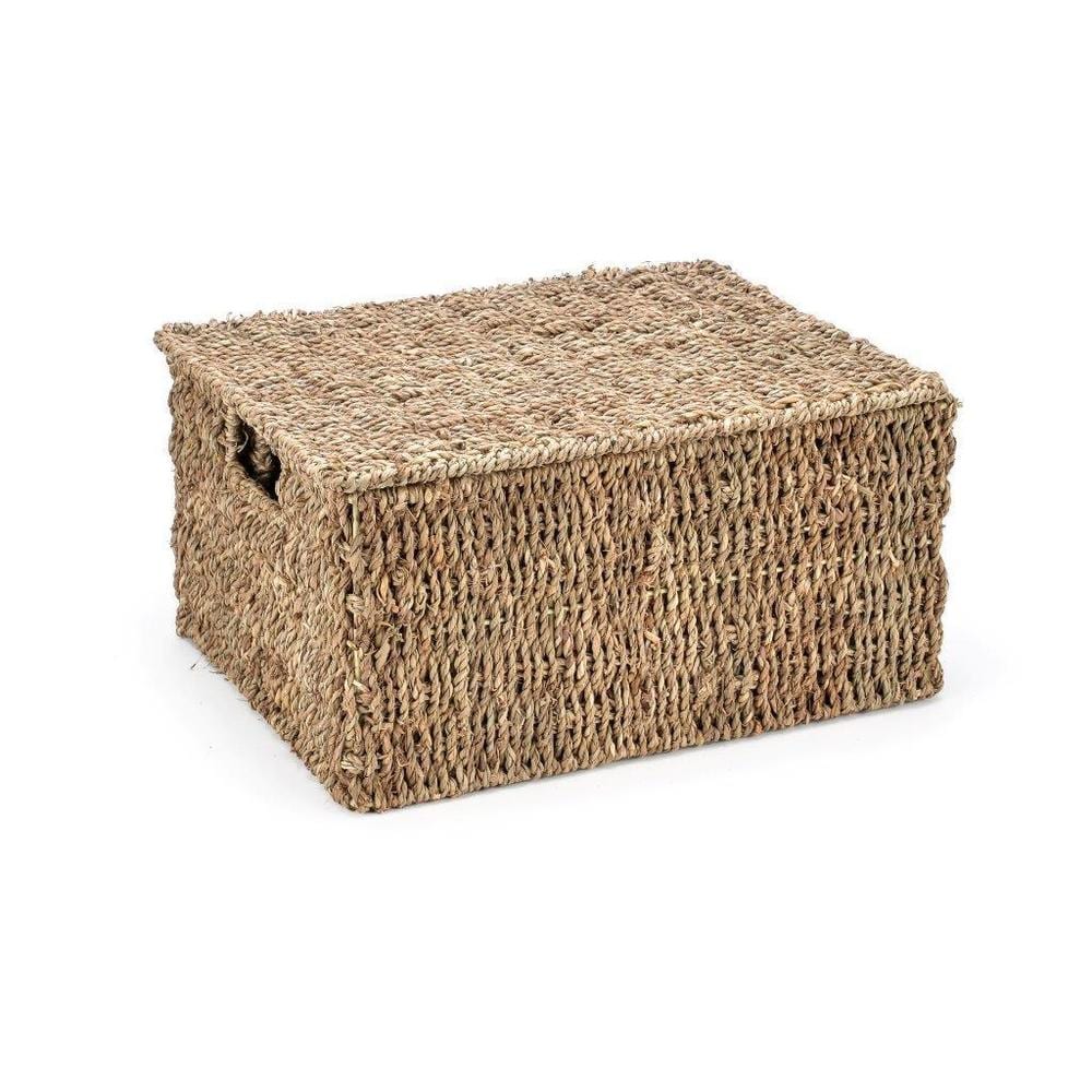 Set Of 3 Small Rectangular Seagrass Storage Baskets With Lids - Natural Beige