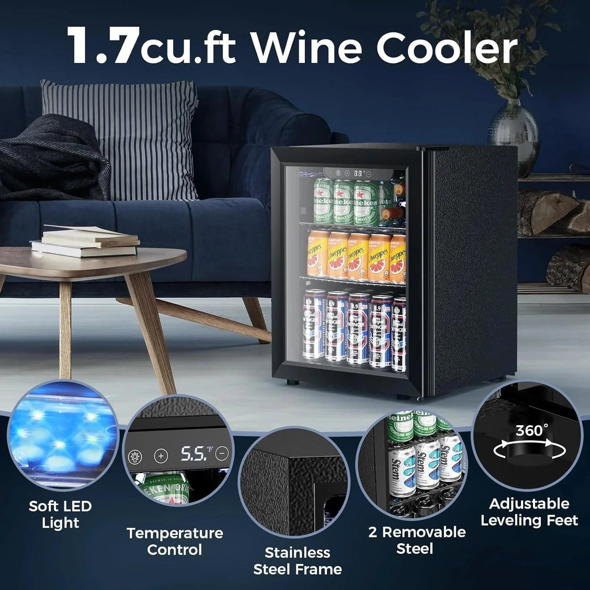Electactic 3.2 Cu Ft 130 Can Beverage Refrigerator Cooler, Black, 19.29 x 17.32 x 30.79 inches - JC-90