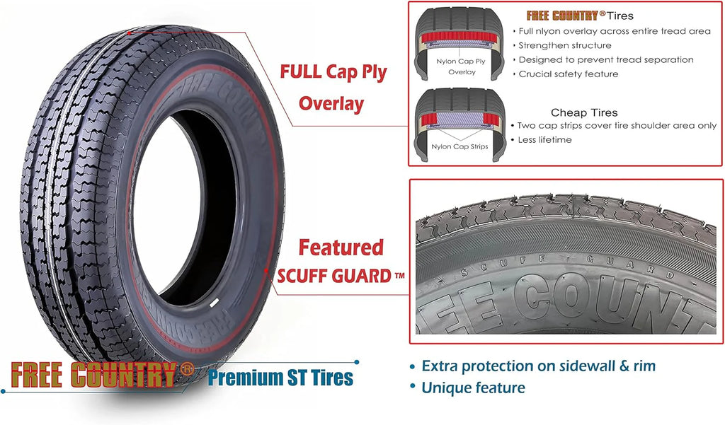 FREE COUNTRY Trailer Tires ST205/75R15, Set Of 4, 10-Ply Load Range E, Steel Belted Radial