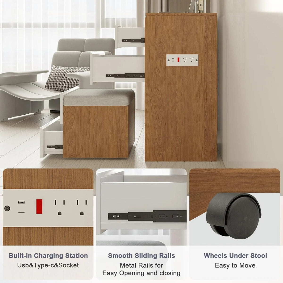 3-in-1 Vanity Desk Set With Flip-Top Lighted Mirror, Storage Stool And 15.7*19.7*31.5 Inches Table