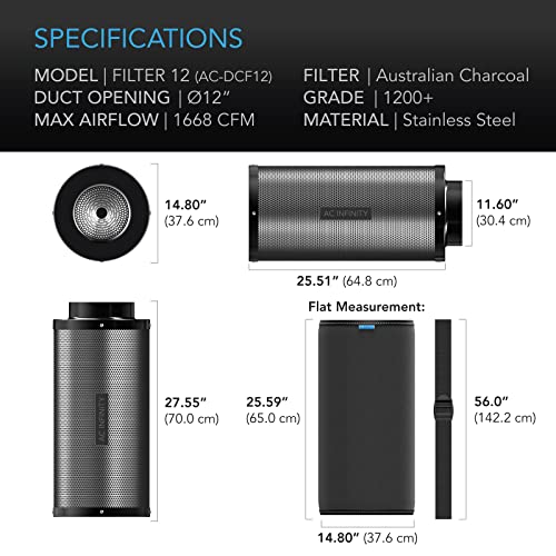 AC Infinity Air Carbon Filter 12in Duct Opening, 28in Length - Australian Virgin Charcoal