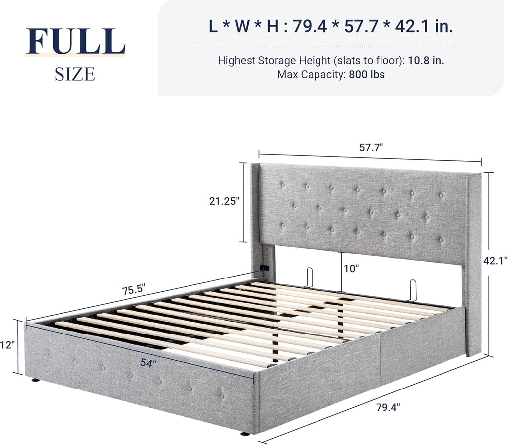 Queen Size Lift-Up Storage Bed With Wingback Headboard, Upholstered Platform Bed Frame With Hidden Storage
