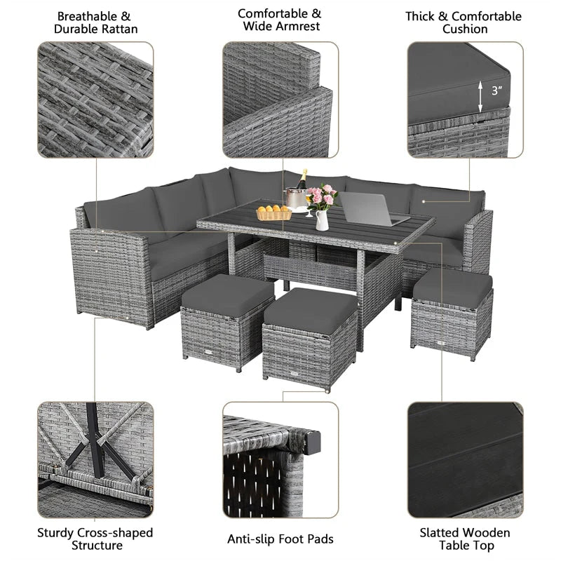 7-Piece Rattan Patio Dining Set With 3 Corner Chairs, 3 Ottomans And Table