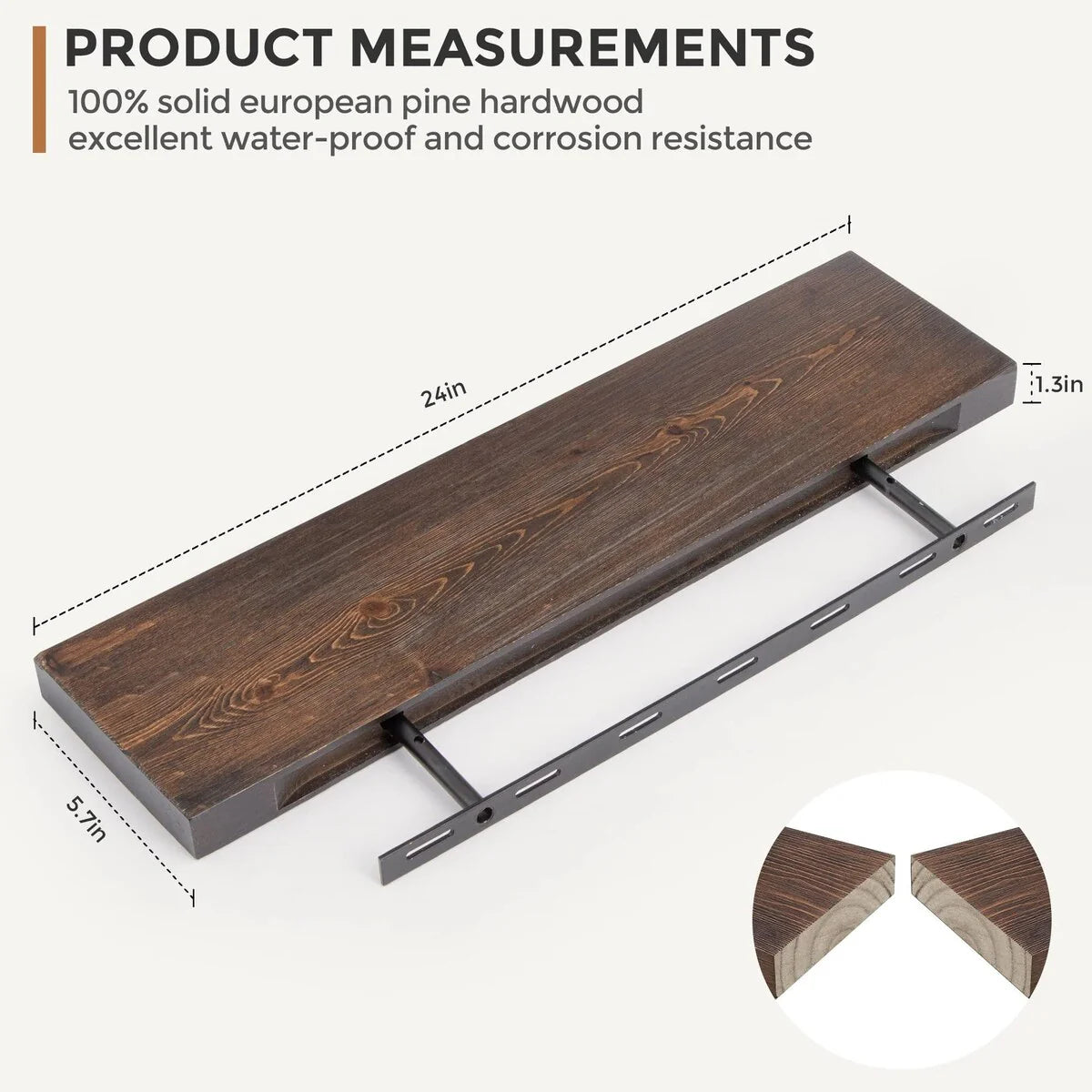 Set Of 2 Handcrafted European Pine Floating Wall Shelves, 16inch/24inch/36inch, Grey/Espresso/Walnut