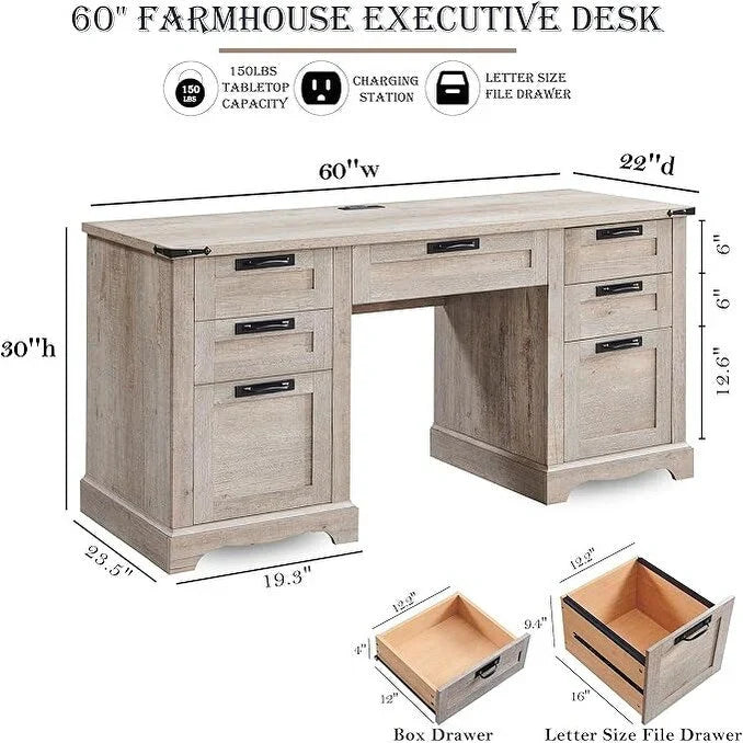 60' Farmhouse Wood Executive Computer Desk - 22'D x 60'W x 30'H