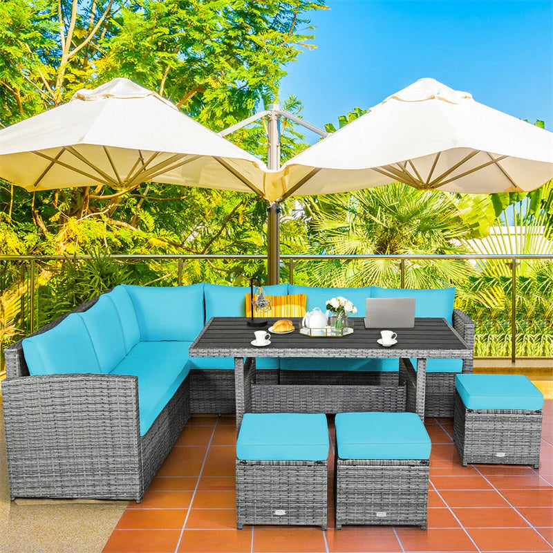 7-Piece Rattan Patio Dining Set With 3 Corner Chairs, 3 Ottomans And Table