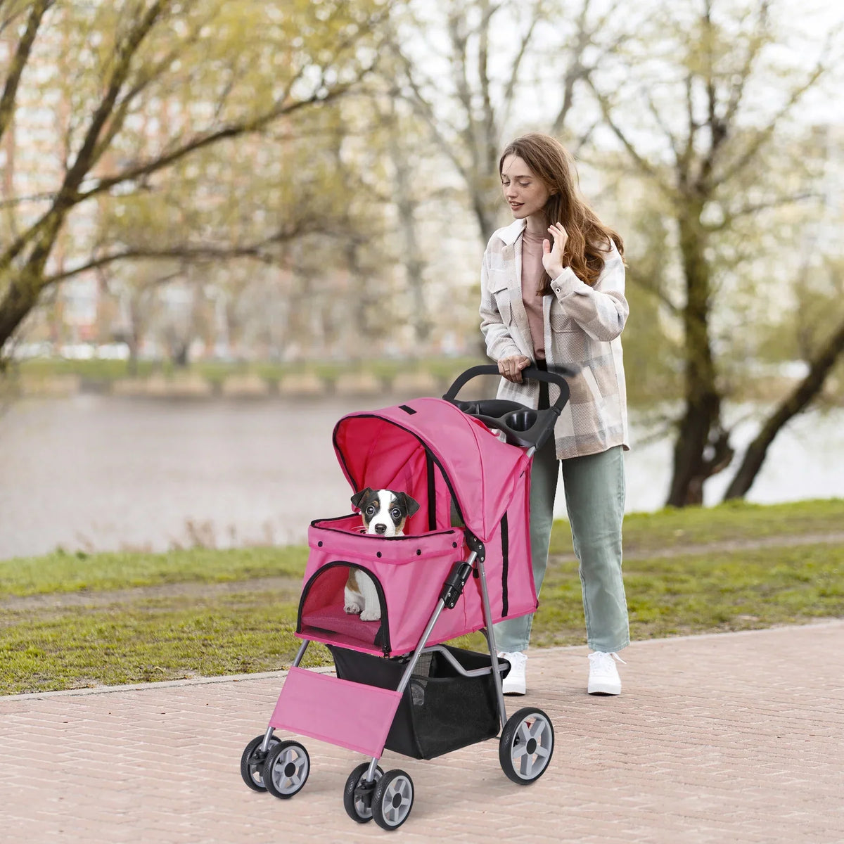 ZENSTYLE 4-Wheel Foldable Pet Stroller Carrier Cart With Storage Basket - 35 LBs