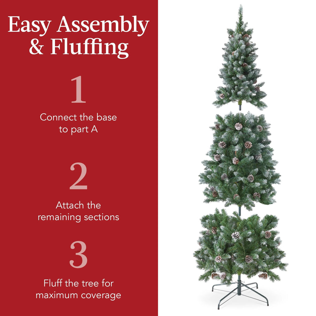 Best Choice Products 6ft Pre-Lit Partially Flocked Pencil Christmas Tree With 250 Lights And Pine Cones