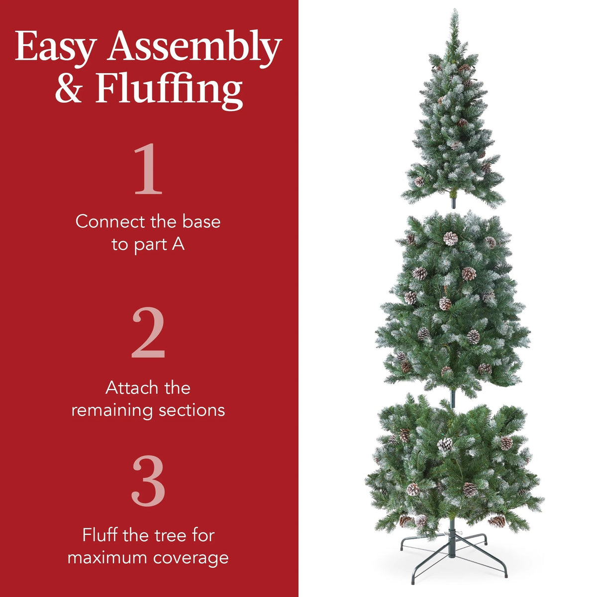Best Choice Products 6ft Pre-Lit Partially Flocked Pencil Christmas Tree With 250 Lights And Pine Cones
