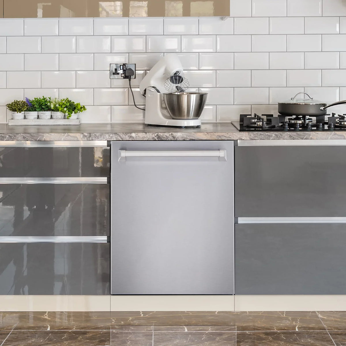 Cosmo 4-Piece Kitchen Appliance Package - 30 in Gas Range, Wall Mount Range Hood, 24 in Built-In Dishwasher, French Door Refrigerator