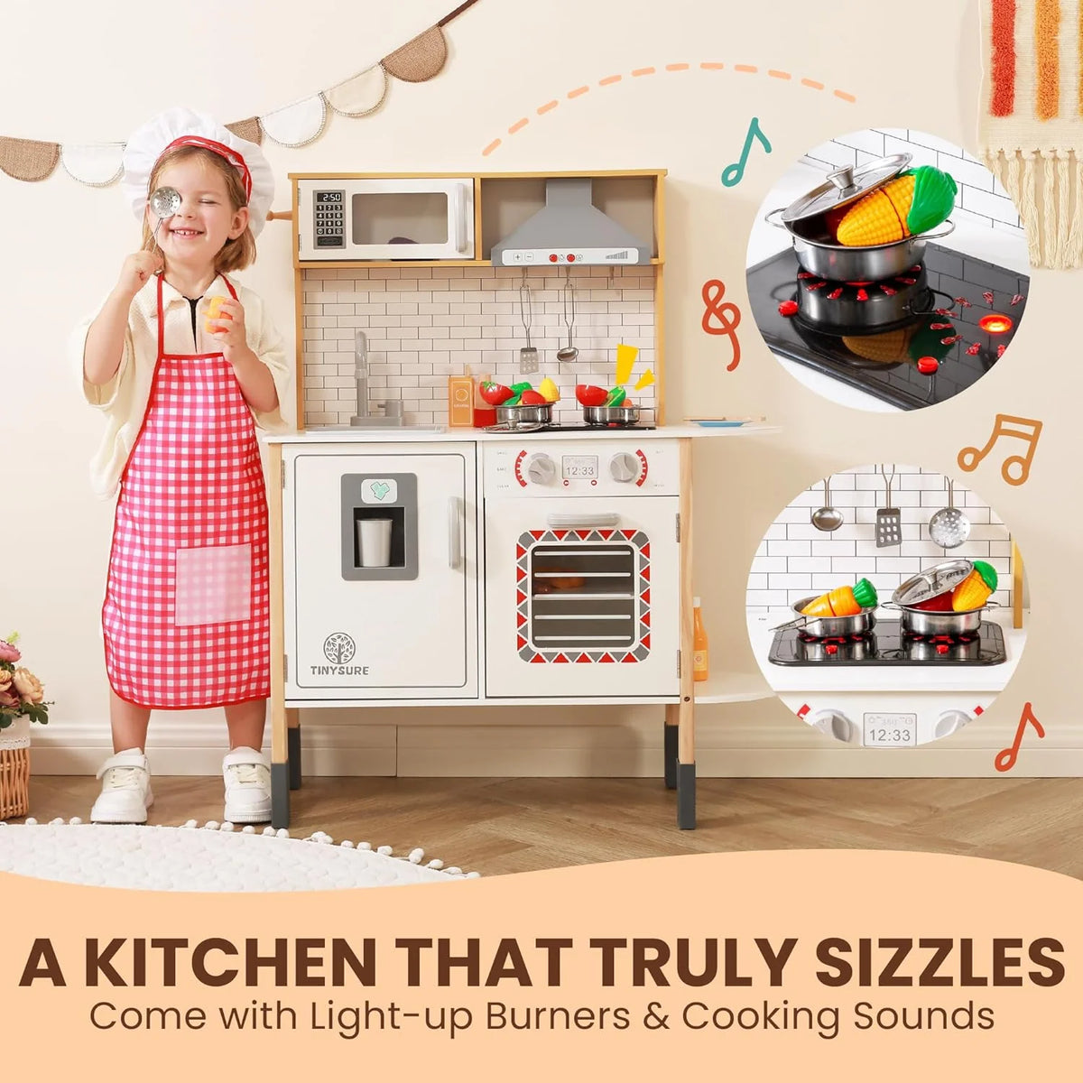 TINYSURE Kids' Wooden Play Kitchen With Lights, Sounds And Toy Food Set - B0CBQF1KCQ
