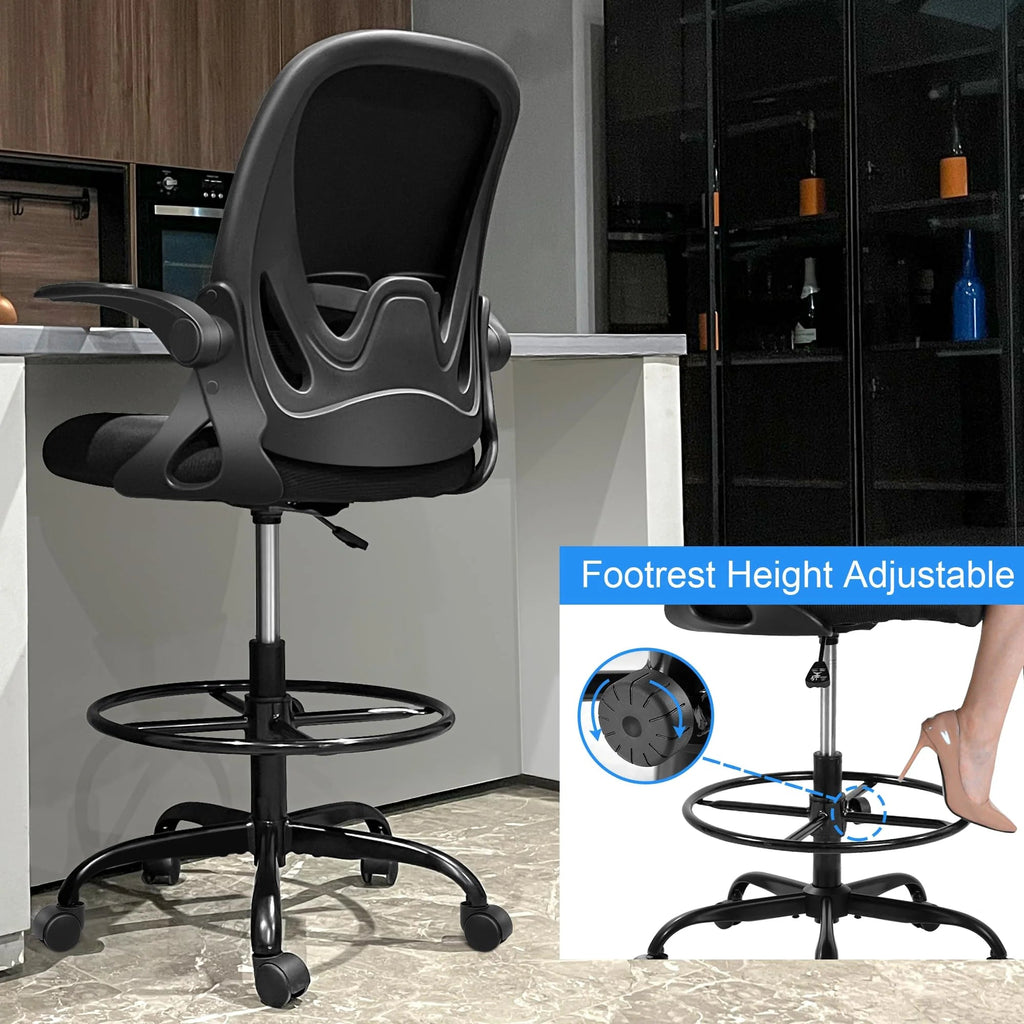 Ergonomic Drafting Chair With Adjustable Lumbar Support, Foot Ring And Flip-Up Armrests