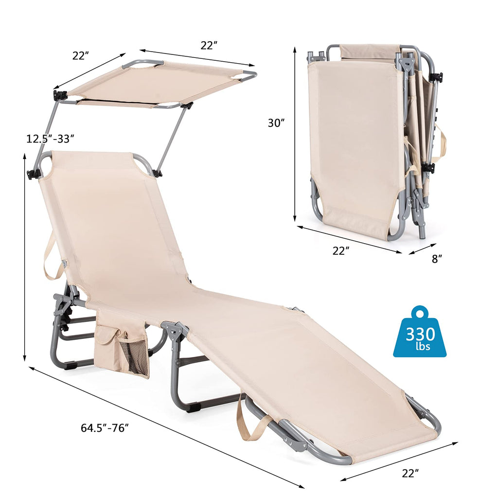 Folding Lounge Chair with Canopy, Storage Pocket, and 5 Adjustable Positions