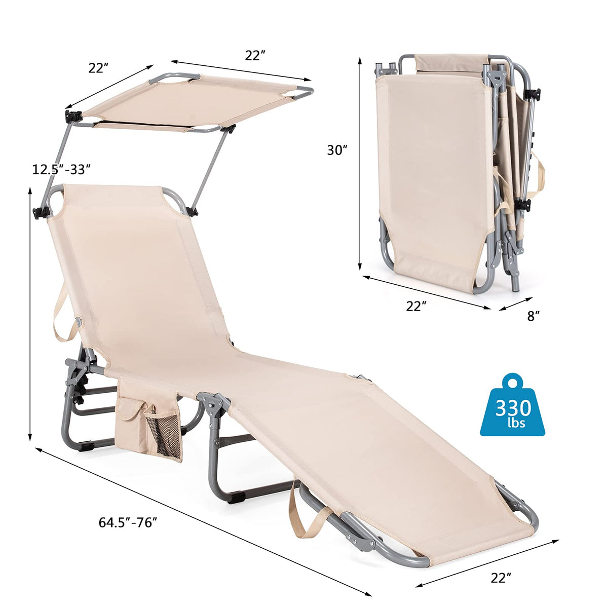 Folding Lounge Chair with Canopy, Storage Pocket, and 5 Adjustable Positions