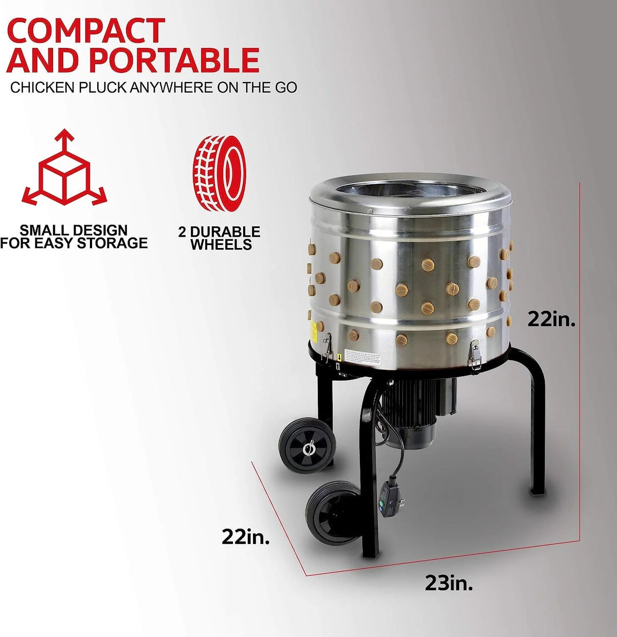 1 HP Electric Chicken Plucker, Stainless Steel, 120VAC, 800W, 280 RPM, 20-Inch Drum, 92 Soft Fingers