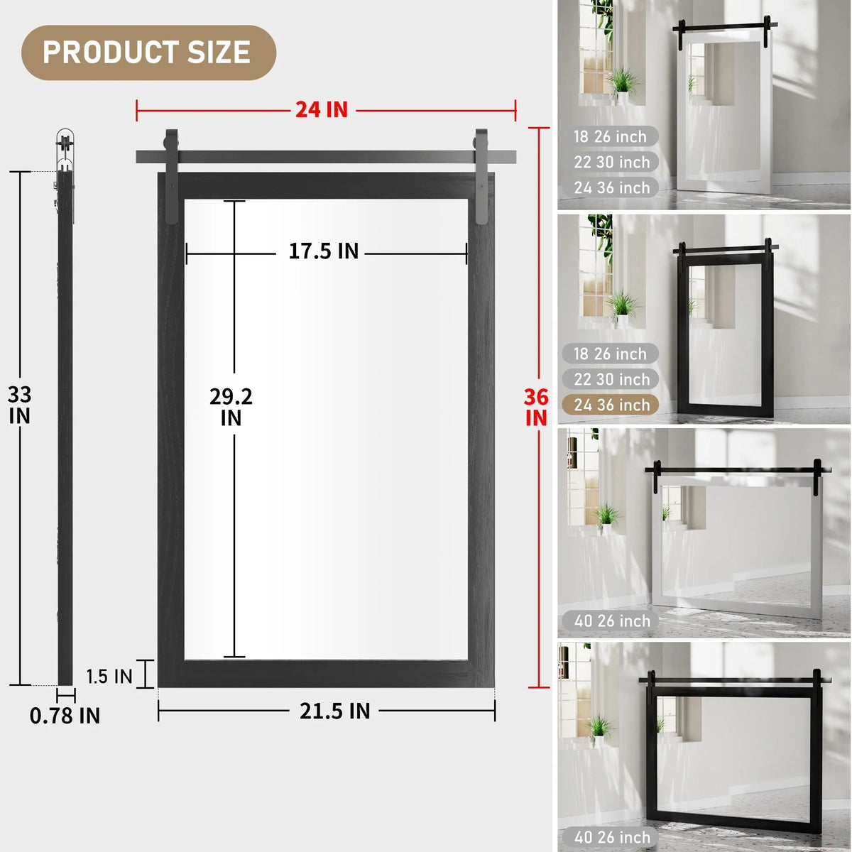 Rectangular Wall Mirror With Wood Frame, 18 x 26 in, 22 x 30 in, 24 x 36 in, or 40 x 26 in - Multiple Sizes