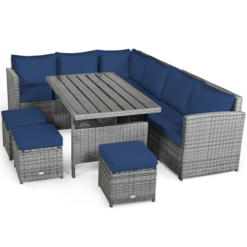 7-Piece Rattan Patio Dining Set With 3 Corner Chairs, 3 Ottomans And Table