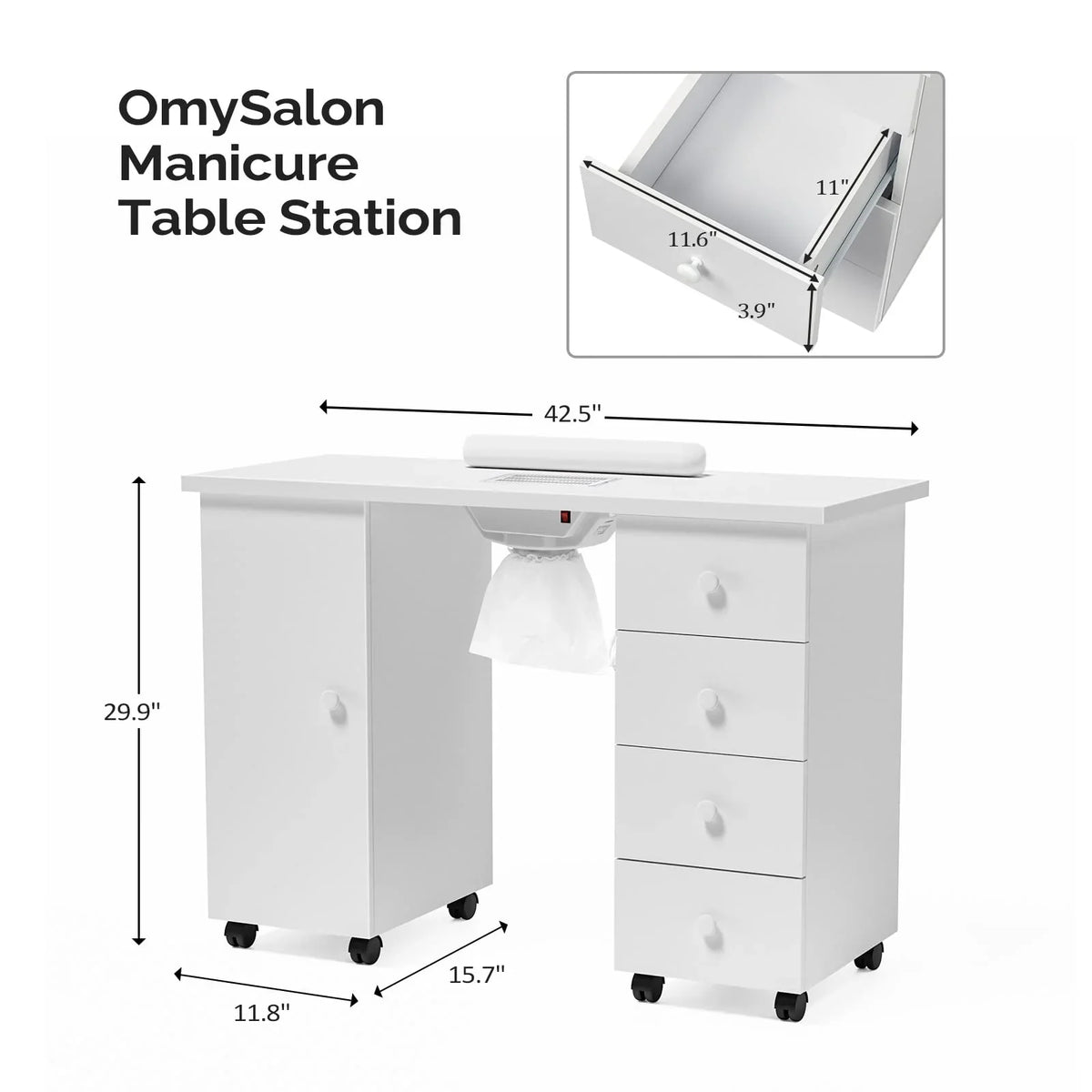 OmySalon Manicure Table Nail Desk With Electric Dust Collector, 4 Drawers, 3-Layer Cabinet