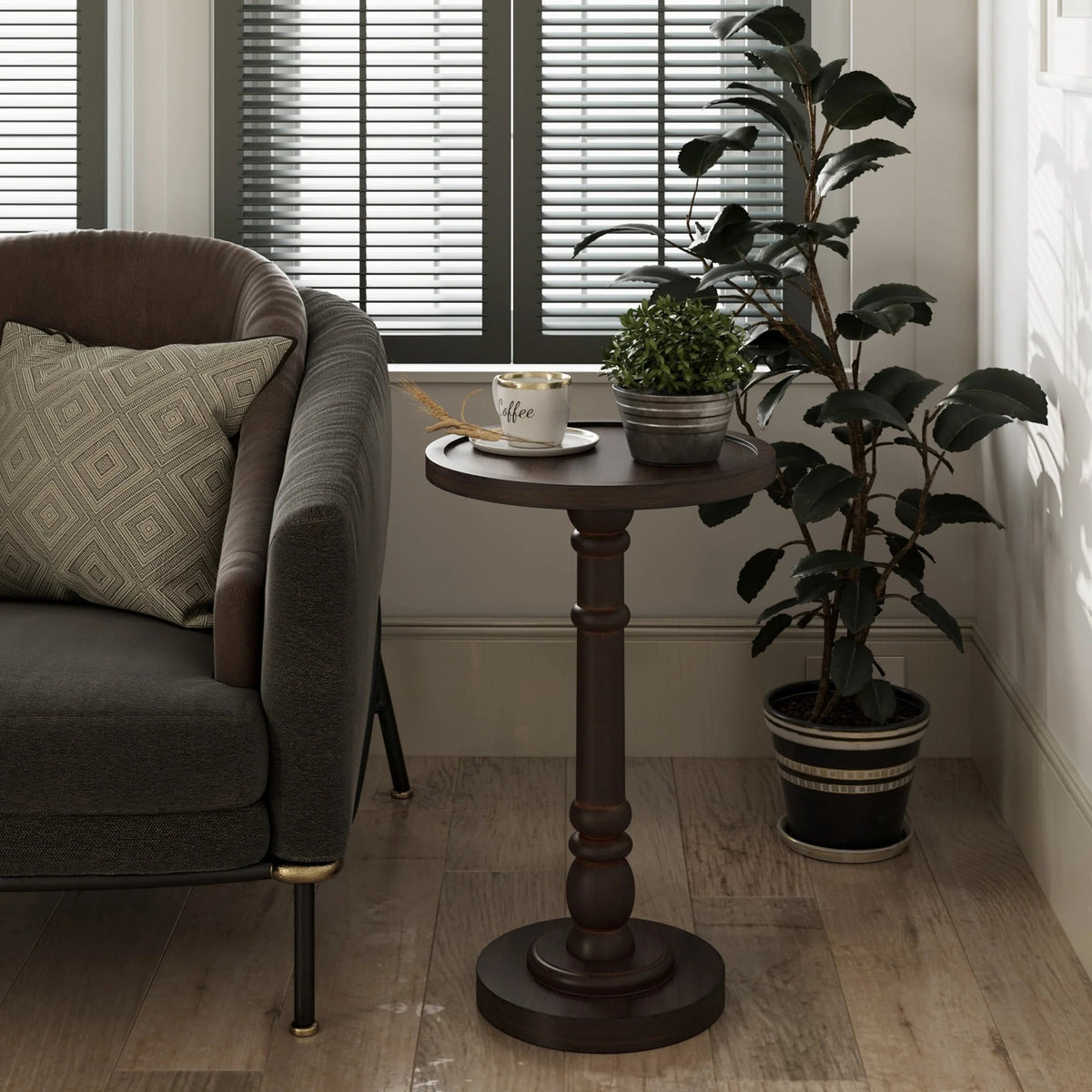 Pedestal End Table With Round Tray Top And Distressed Finish