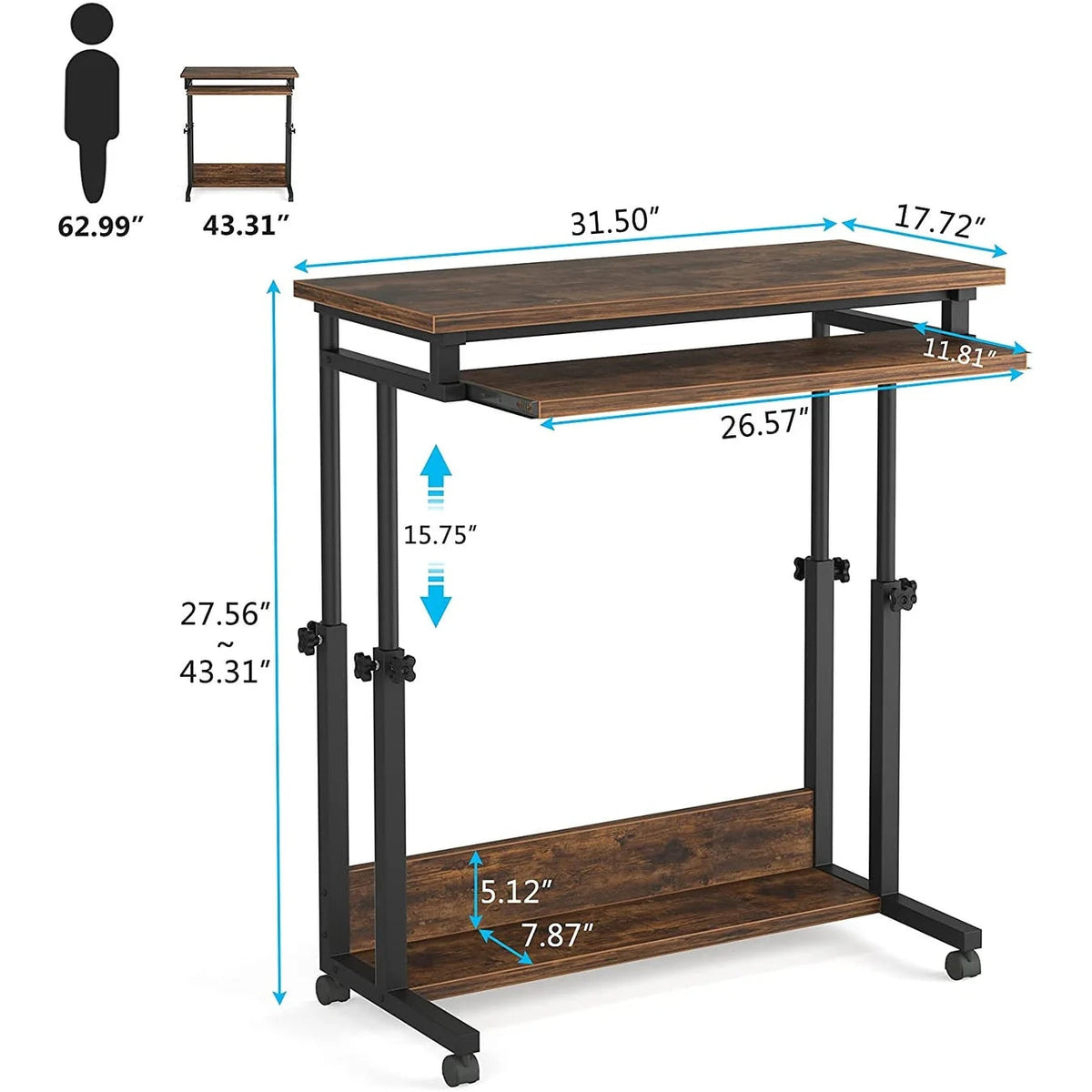Height-Adjustable Portable Laptop Desk With Keyboard Tray, 43.3in H x 31.5in L x 17in D