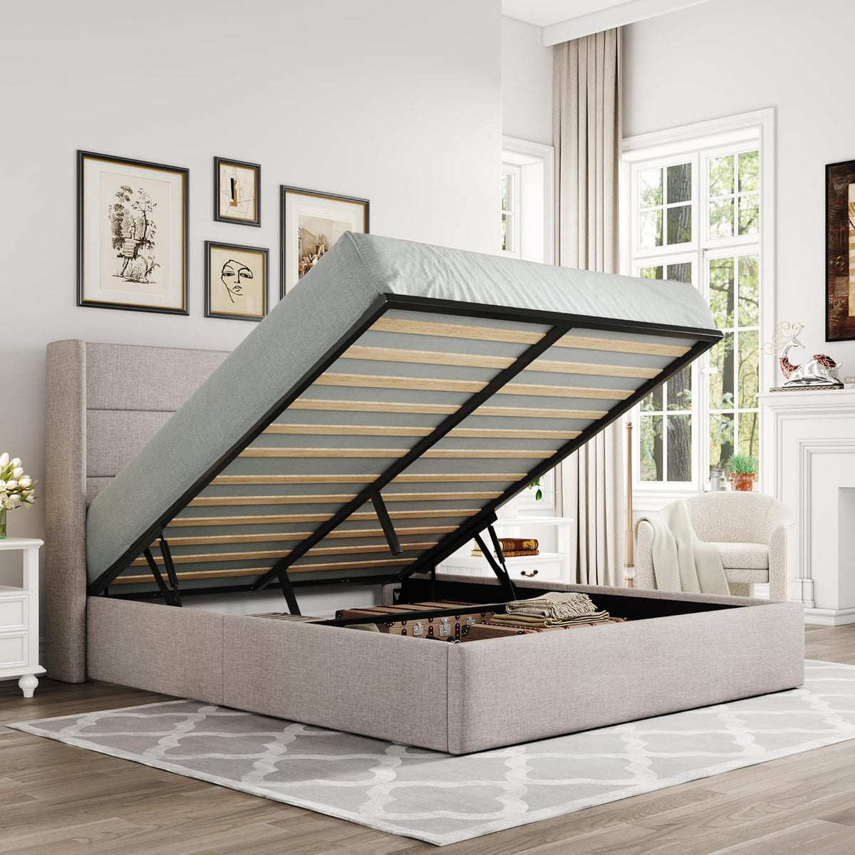 Queen Size Lift-Up Storage Bed With Wingback Headboard, Upholstered Platform Bed Frame With Hidden Storage