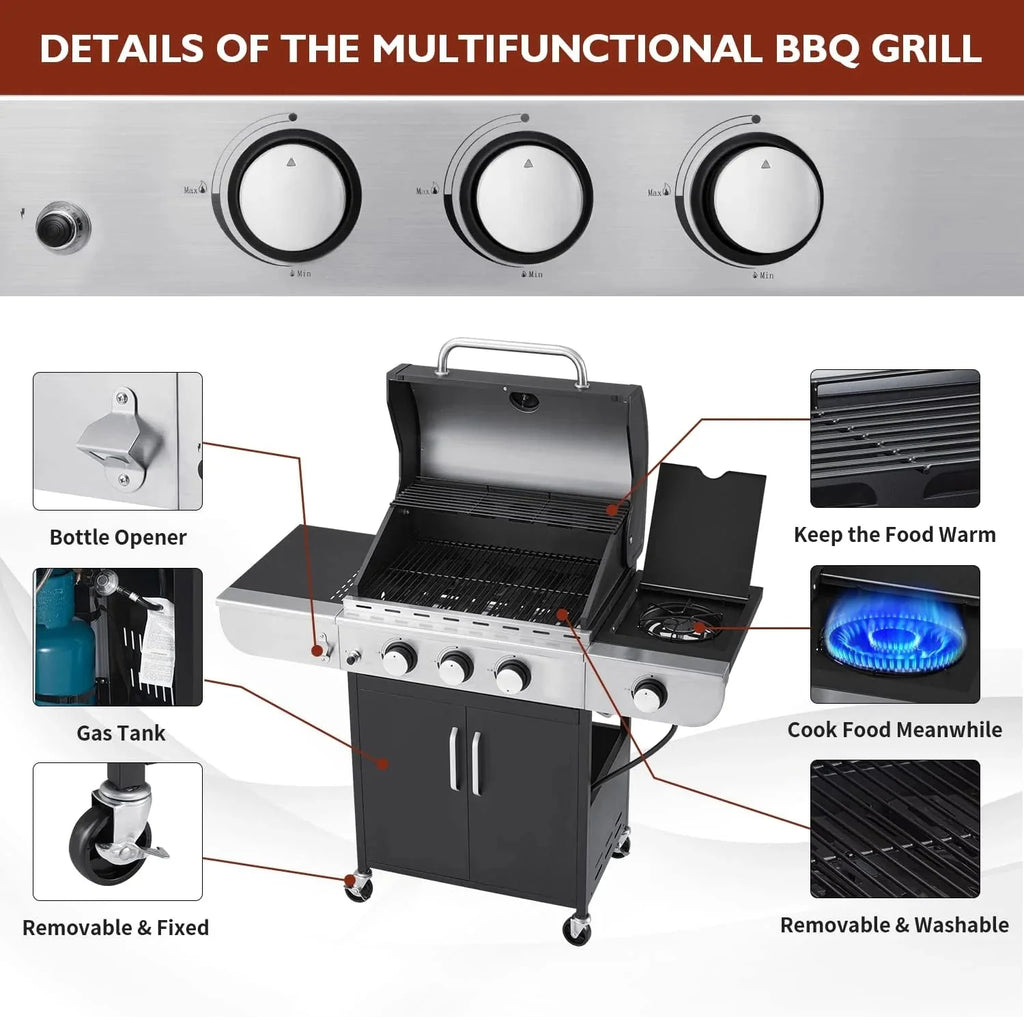 MELLCOM 4 Burner Propane Gas Grill With Cast Iron Grates And Side Stove, 44,000 BTU, Black - BBQ-4+1