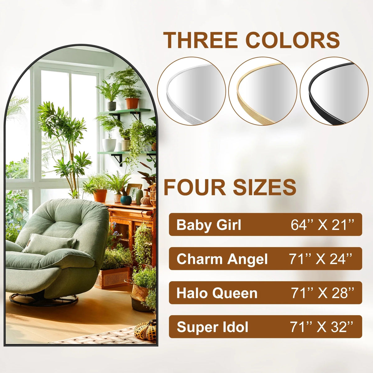 Arched Full Length Floor Mirror With Aluminum Alloy Frame - 65x22, 71x24, 71x28, 71x32