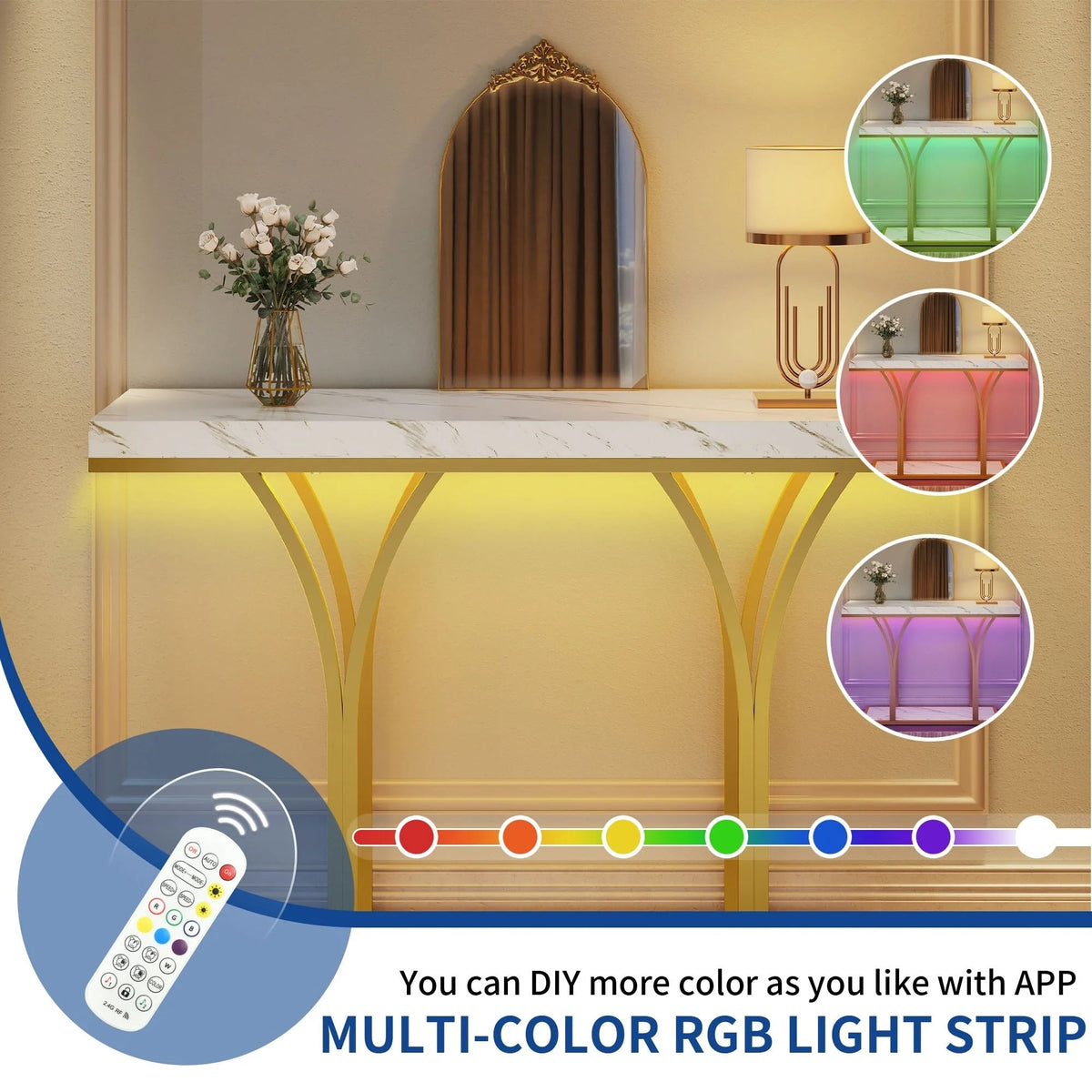 Console Table With Faux Marble MDF Top And Gold Metal Frame
