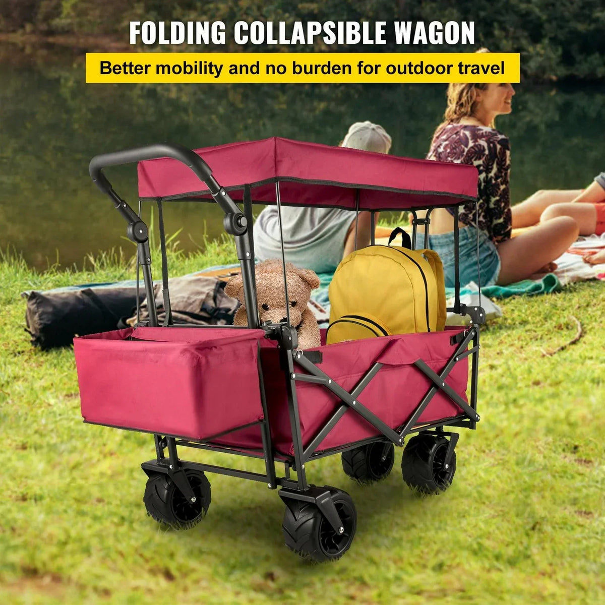 Red Collapsible Wagon Cart With Canopy, 220.5 lbs Capacity, 39 x 21.4 x 39 inches