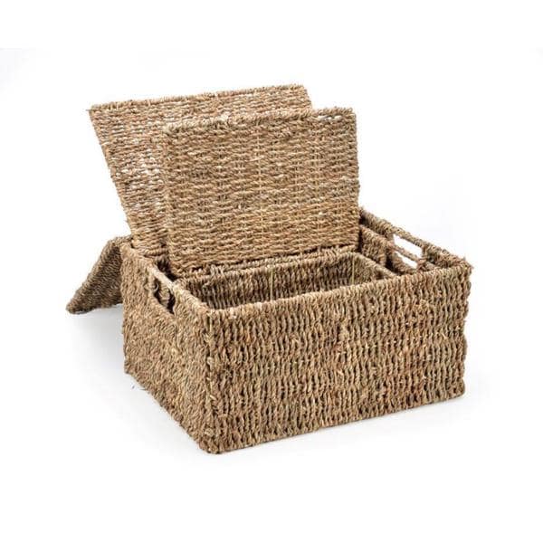 Set Of 3 Small Rectangular Seagrass Storage Baskets With Lids - Natural Beige