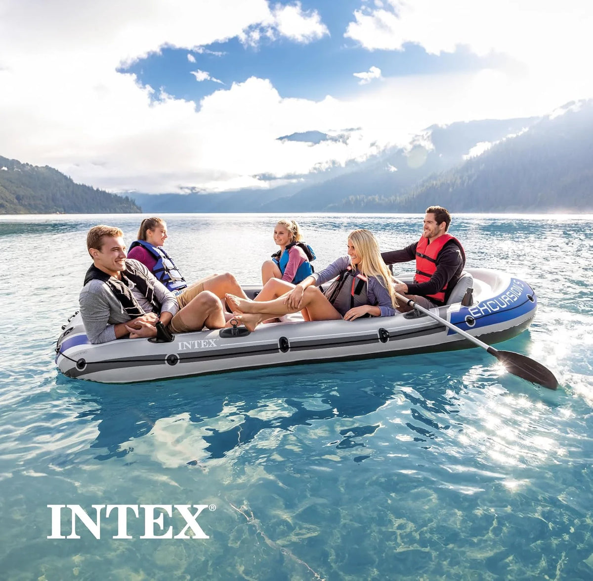 Intex Excursion 5 Inflatable Boat, 5 Person, 12ft x 5ft 6in x 1ft 5in, 54in Oars - Excursion 5