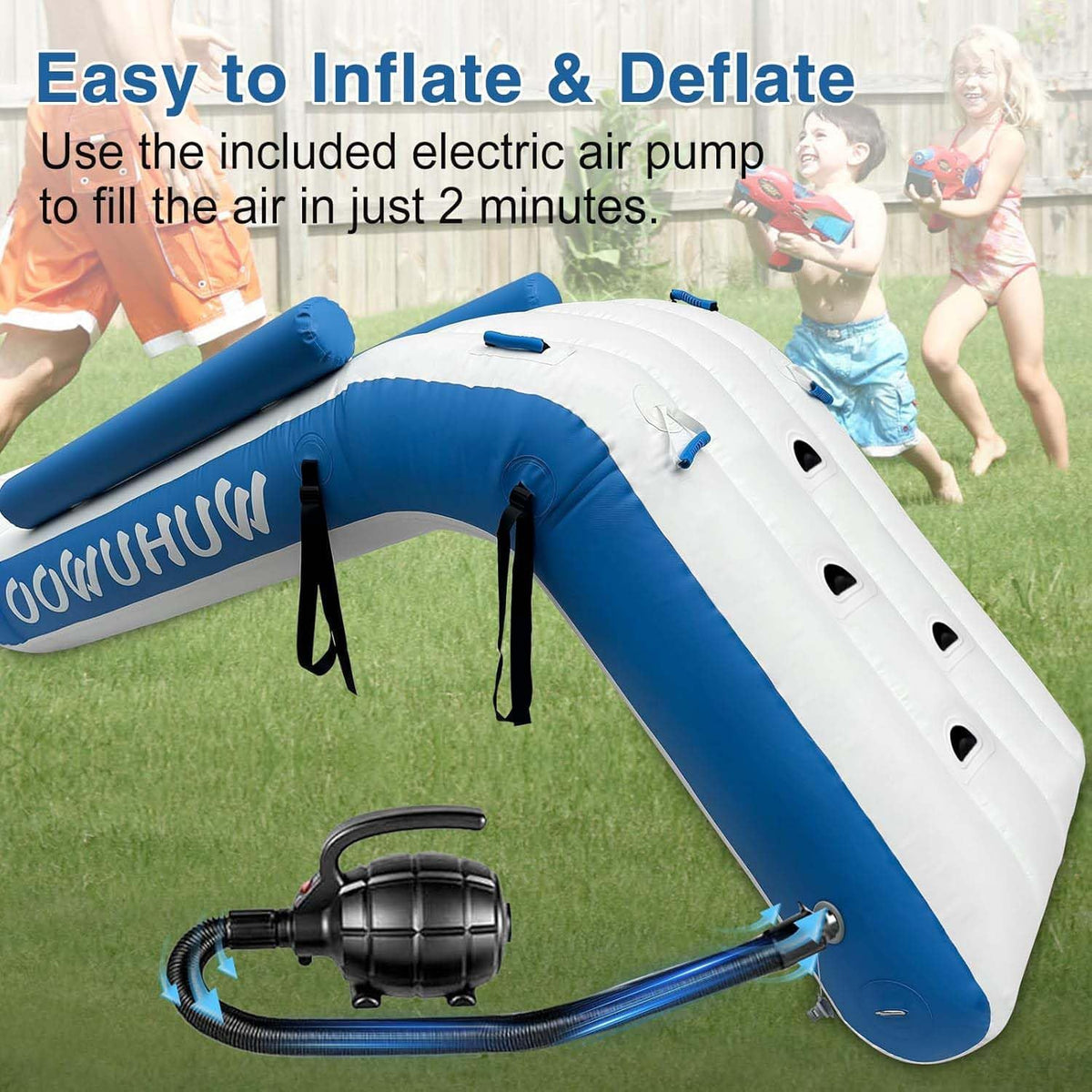 WUHUWOO Inflatable Pontoon Boat Water Slide, Blue - Electric Air Pump And Storage Bag
