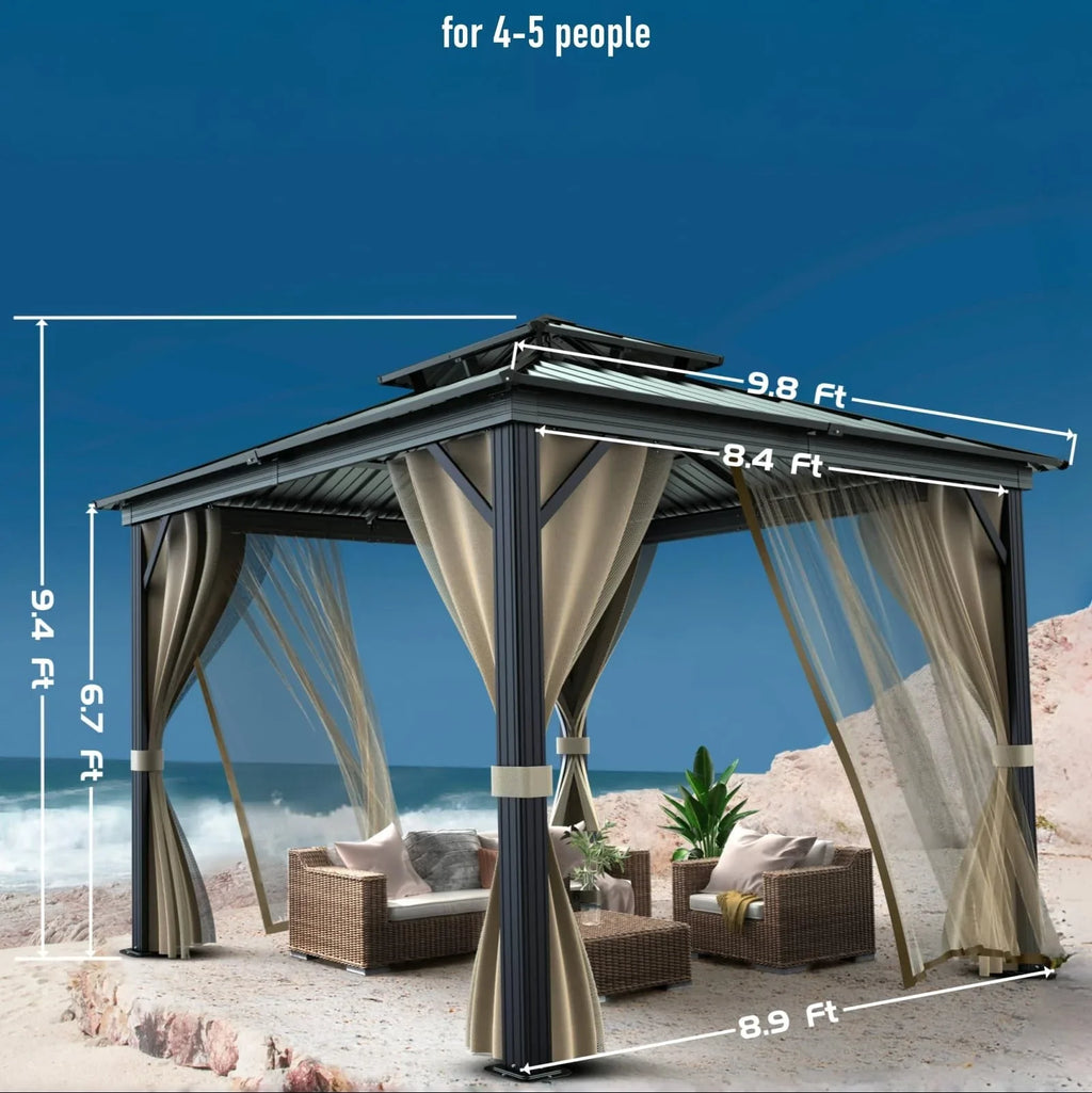 10x10 Hardtop Gazebo With Double Metal Roof, Aluminum Frame, Net And Curtain - Khaki