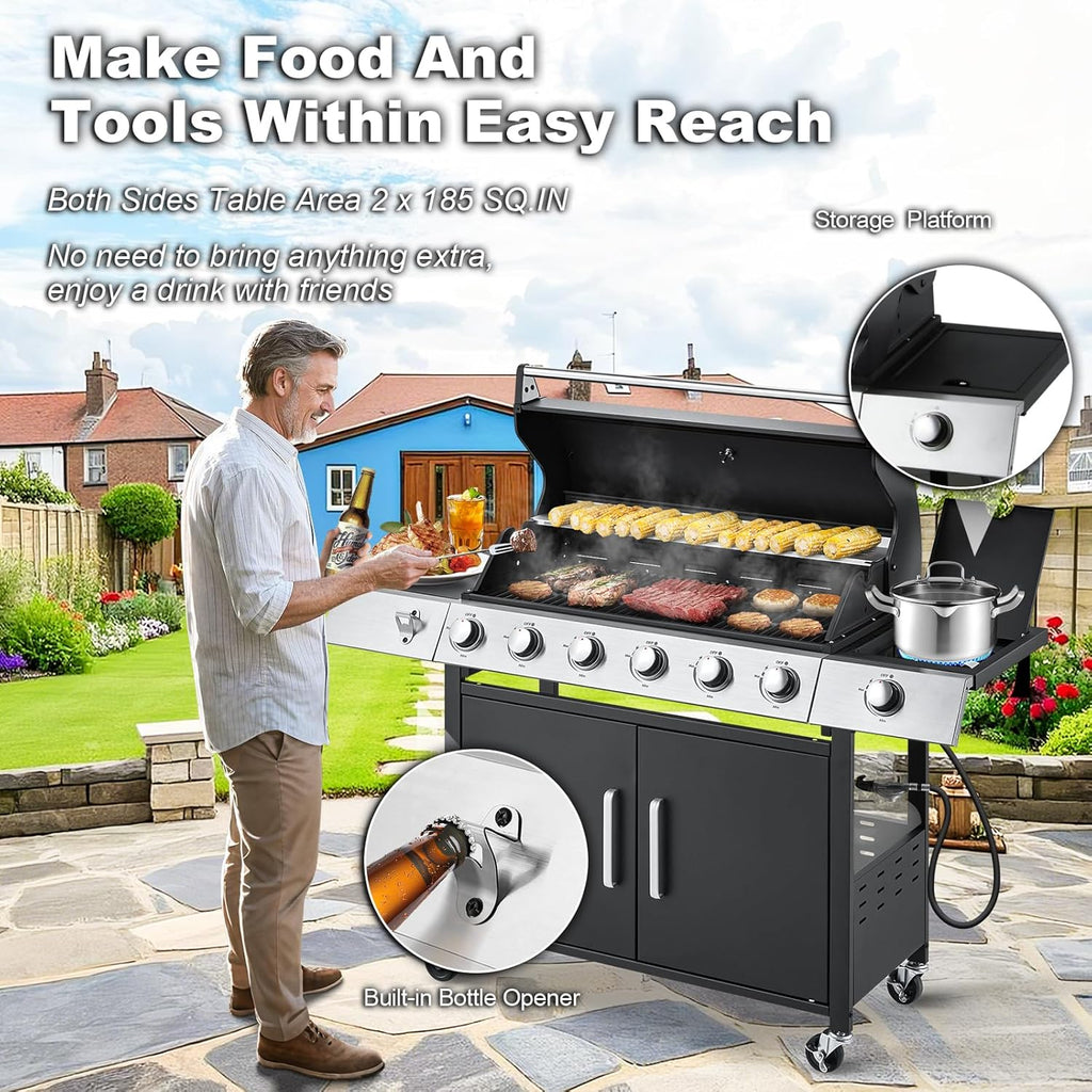 MELLCOM 4 Burner Propane Gas Grill With Cast Iron Grates And Side Stove, 44,000 BTU, Black - BBQ-4+1