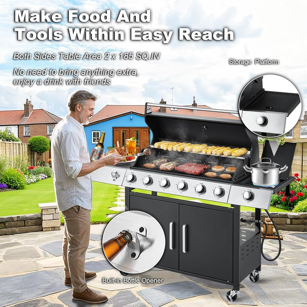 MELLCOM 4 Burner Propane Gas Grill With Cast Iron Grates And Side Stove, 44,000 BTU, Black - BBQ-4+1